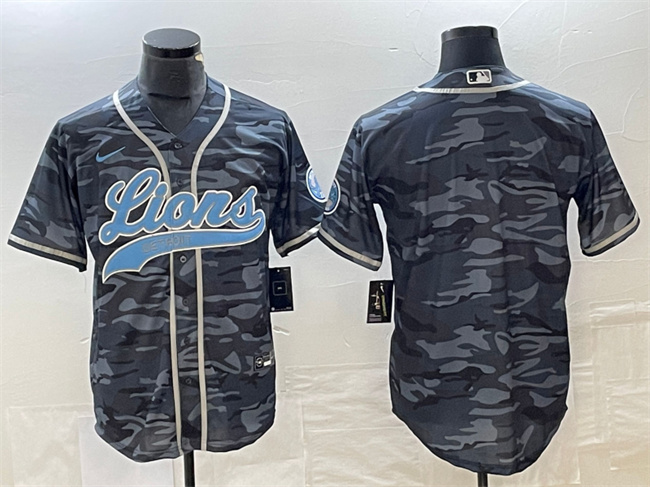 Men's Detroit Lions Blank Gray Camo Cool Base Stitched Baseball Jersey - Click Image to Close